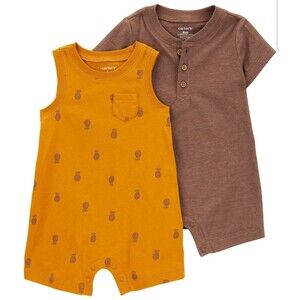 Carter's Baby Romper 12M 2PC Orange Brown Pineapple Button Outfit Set
